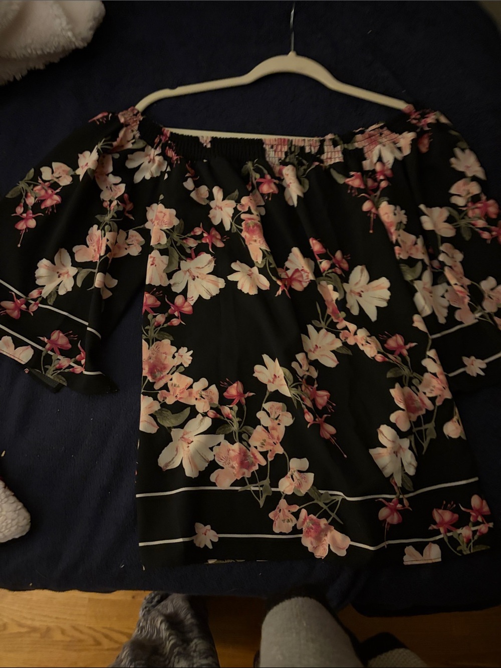 White House Black Market Black Off-Shoulder Tunic with Pink Floral Print